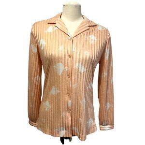 Vintage Crinkle Floral Blouse Sz 10 Womens Peach and White Long Sleeve Button Fr